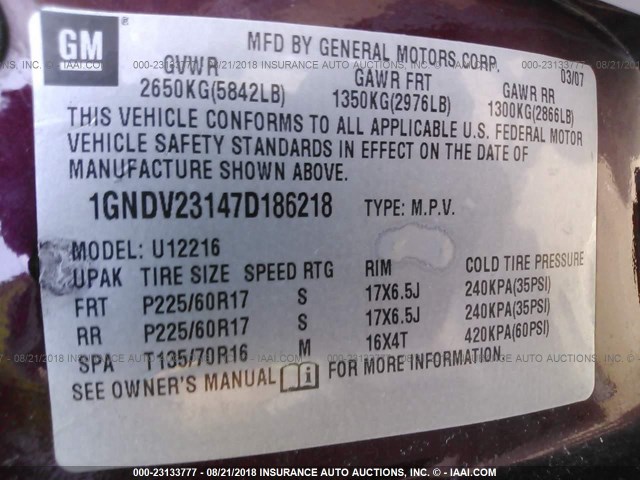 1GNDV23147D186218 - 2007 CHEVROLET UPLANDER LS MAROON photo 9