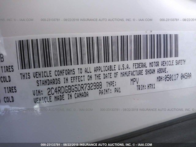 2C4RDGBG5DR732988 - 2013 DODGE GRAND CARAVAN SE WHITE photo 9