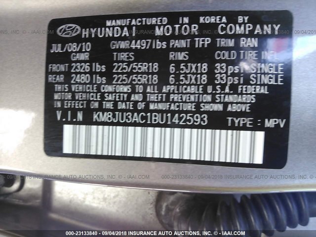 KM8JU3AC1BU142593 - 2011 HYUNDAI TUCSON GLS/LIMITED 银色 照片 9