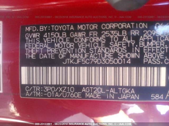 JTKJF5C79D3050014 - 2013 TOYOTA SCION TC 红色 照片 9