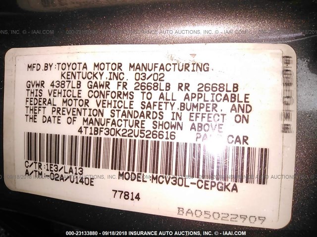 4T1BF30K22U526616 - 2002 TOYOTA CAMRY LE/XLE/SE Сұр фото 9
