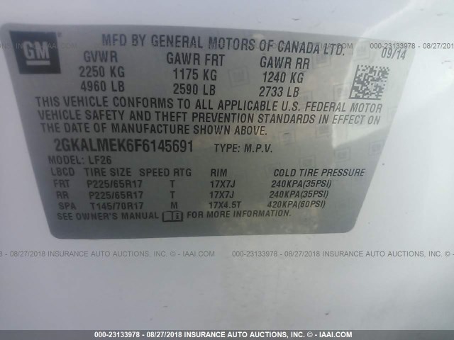 2GKALMEK6F6145691 - 2015 GMC TERRAIN SLE WHITE photo 9