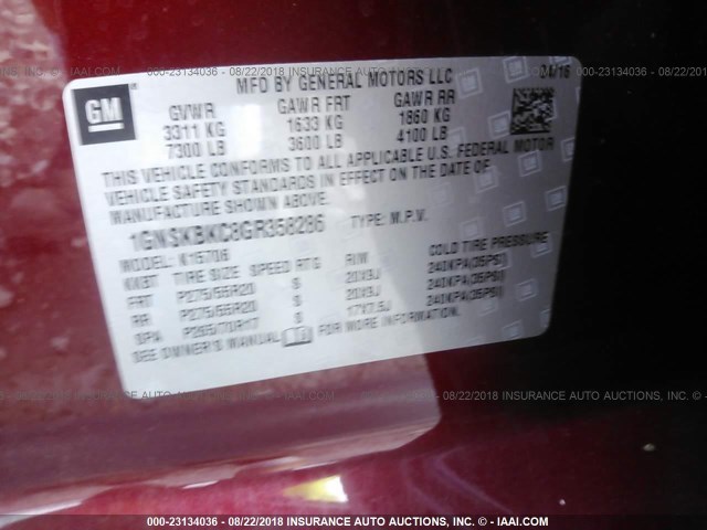 1GNSKBKC8GR358286 - 2016 CHEVROLET TAHOE K1500 LT RED photo 9