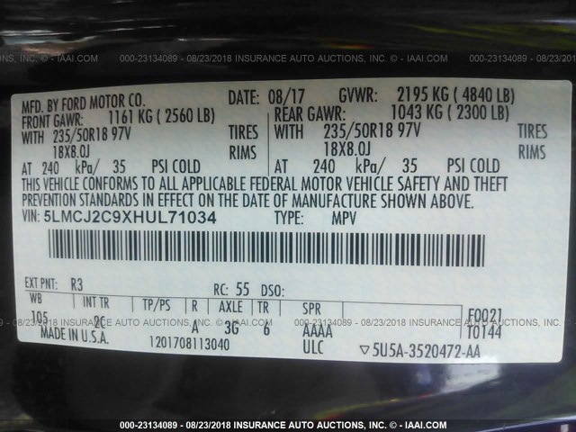 5LMCJ2C9XHUL71034 - 2017 LINCOLN MKC SELECT MAROON photo 9