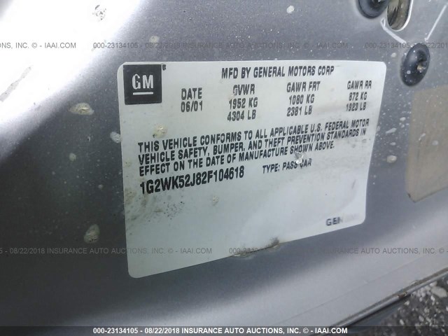 1G2WK52J82F104618 - 2002 PONTIAC GRAND PRIX SE ვერცხლისფერი ფოტო 9