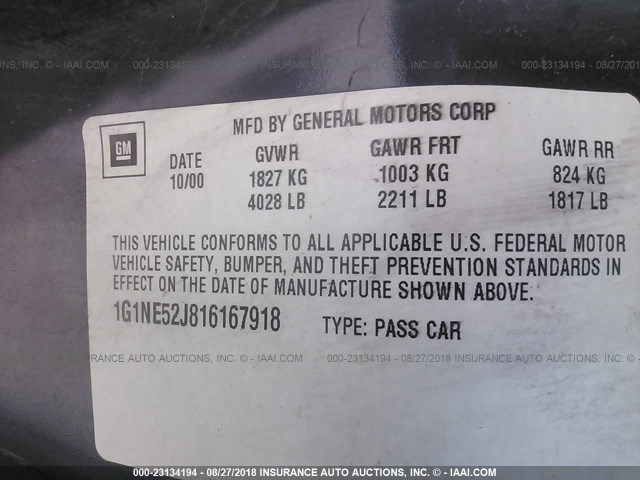 1G1NE52J816167918 - 2001 CHEVROLET MALIBU LS Mavi foto 9