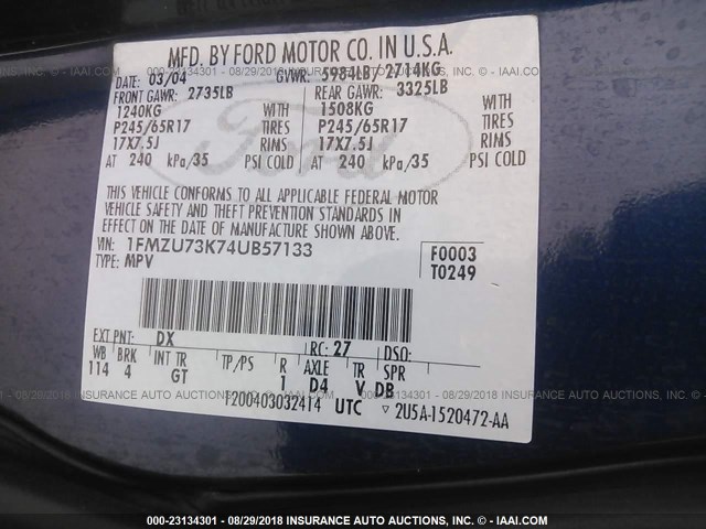 1FMZU73K74UB57133 - 2004 FORD EXPLORER XLT/XLT SPORT/NBX 蓝色 照片 9