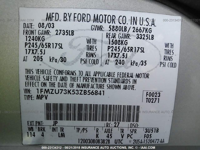 1FMZU73K53ZB56841 - 2003 FORD EXPLORER XLT/XLT SPORT/NBX 银色 照片 9