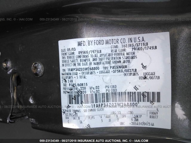 1FAFP34Z03W268800 - 2003 FORD FOCUS SE COMFORT/SE SPORT GRAY photo 9