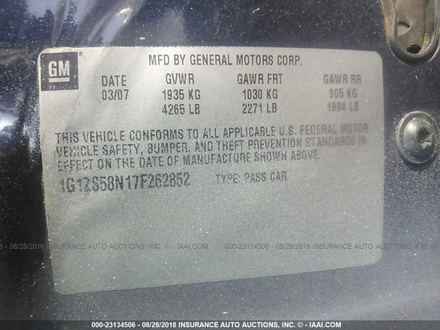 1G1ZS58N17F262852 - 2007 CHEVROLET MALIBU LS მუქი ლურჯი ფოტო 9