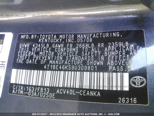4T1BE46K59U309801 - 2009 TOYOTA CAMRY SE/LE/XLE GRAY photo 9