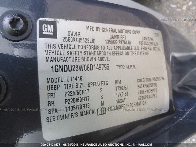 1GNDU23W08D149795 - 2008 CHEVROLET UPLANDER LS Dark Blue photo 9