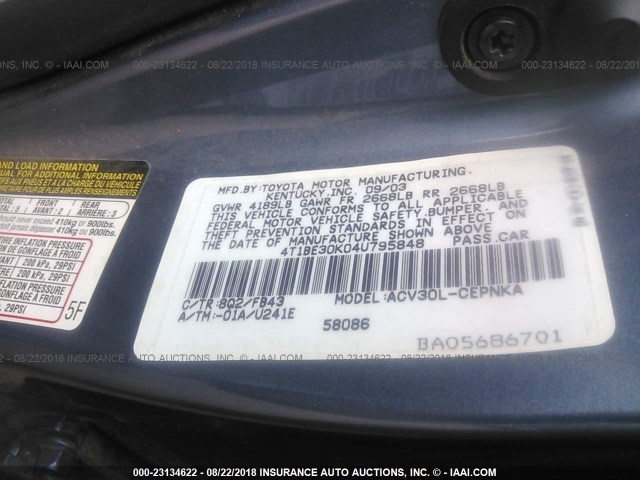 4T1BE30K04U795848 - 2004 TOYOTA CAMRY LE/XLE/SE 蓝色 照片 9