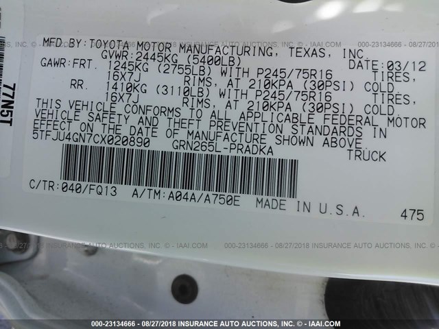 5TFJU4GN7CX020890 - 2012 TOYOTA TACOMA DOUBLE CAB PRERUNNER WHITE photo 9