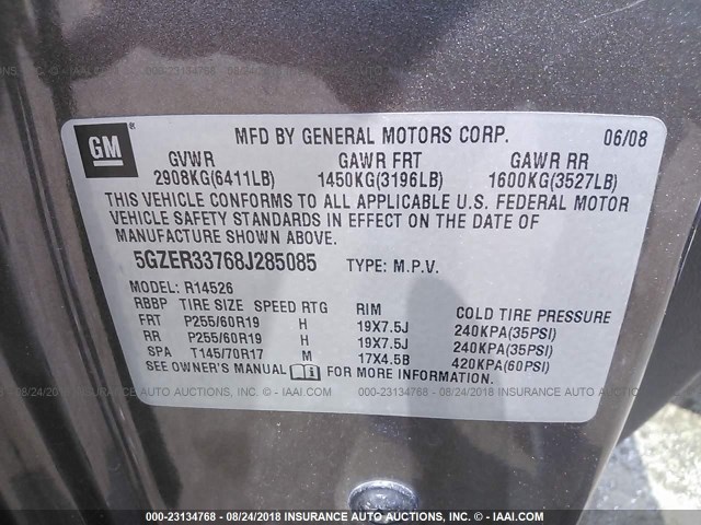 5GZER33768J285085 - 2008 SATURN OUTLOOK XR/TOURING 棕色 照片 9