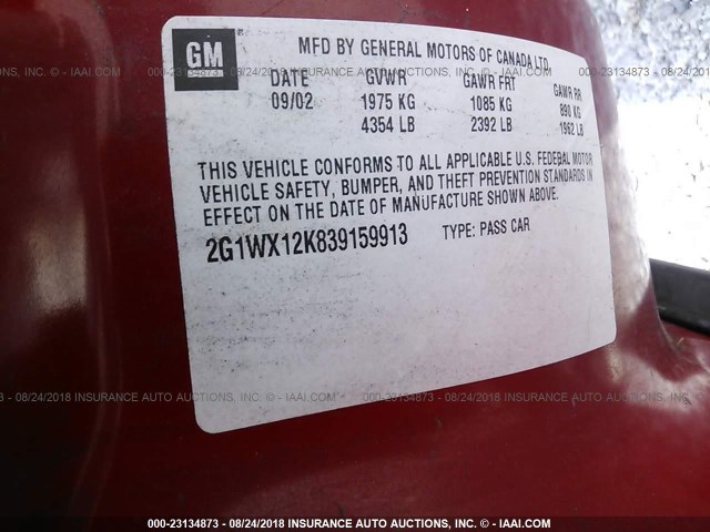 2G1WX12K839159913 - 2003 CHEVROLET MONTE CARLO SS წითელი ფოტო 9