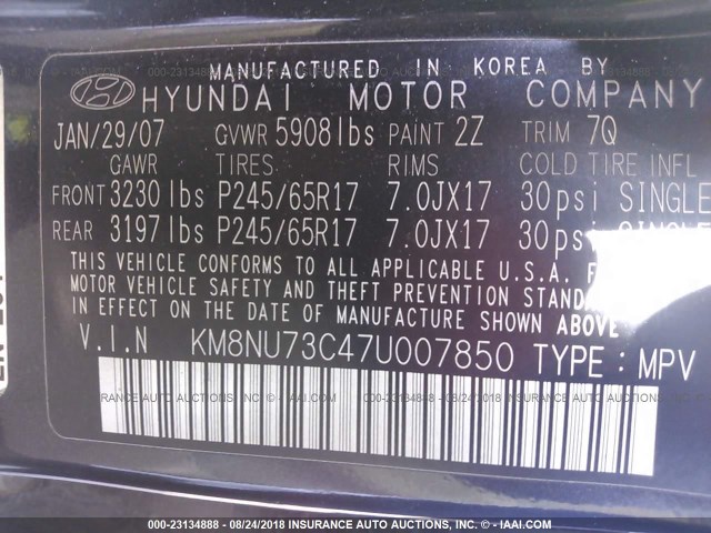 KM8NU73C47U007850 - 2007 HYUNDAI VERACRUZ GLS/SE/LIMITED BLACK photo 9