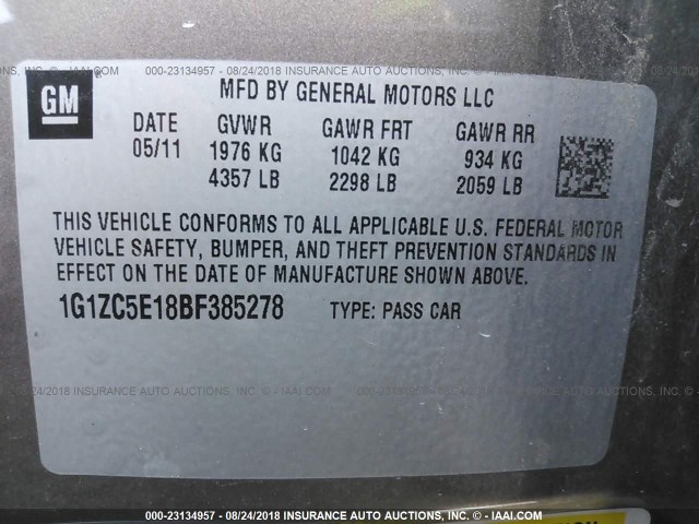 1G1ZC5E18BF385278 - 2011 CHEVROLET MALIBU 1LT ყავისფერი ფოტო 9