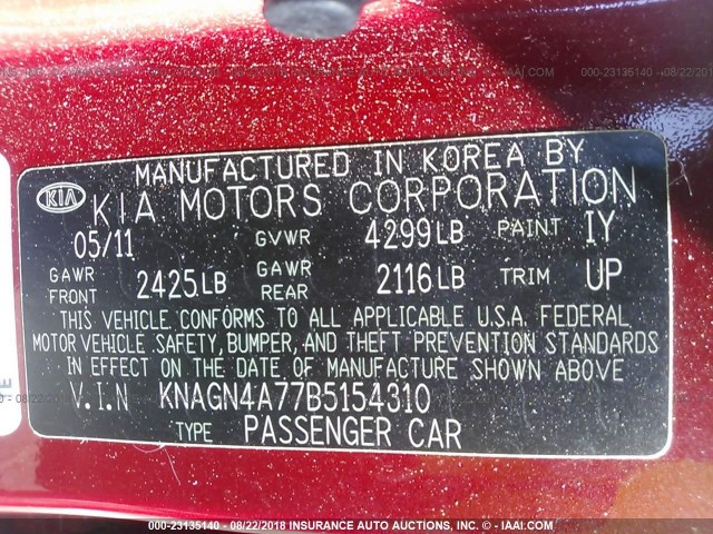 KNAGN4A77B5154310 - 2011 KIA OPTIMA EX/SX RED photo 9