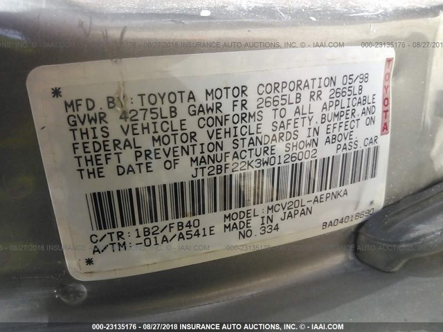 JT2BF22K3W0126002 - 1998 TOYOTA CAMRY CE/LE/XLE 棕色 照片 9