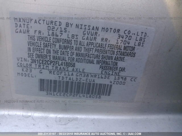 3N1CE2CP2FL418058 - 2015 NISSAN VERSA NOTE S/S PLUS/SV/SL/SR SILVER photo 9