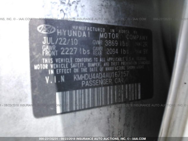 KMHDU4AD4AU167157 - 2010 HYUNDAI ELANTRA SILVER photo 9