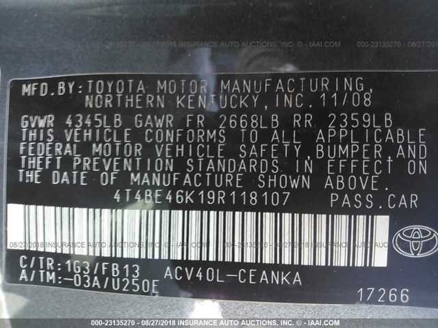 4T4BE46K19R118107 - 2009 TOYOTA CAMRY SE/LE/XLE GRAY photo 9