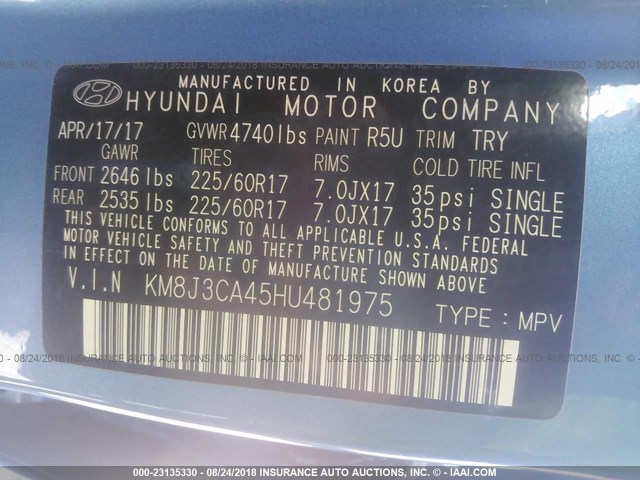 KM8J3CA45HU481975 - 2017 HYUNDAI TUCSON LIMITED/SPORT AND ECO/SE BLUE photo 9