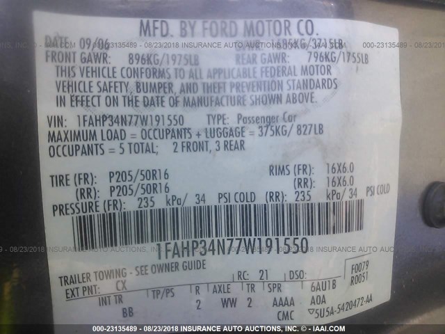 1FAHP34N77W191550 - 2007 FORD FOCUS ZX4/S/SE/SES GRAY photo 9