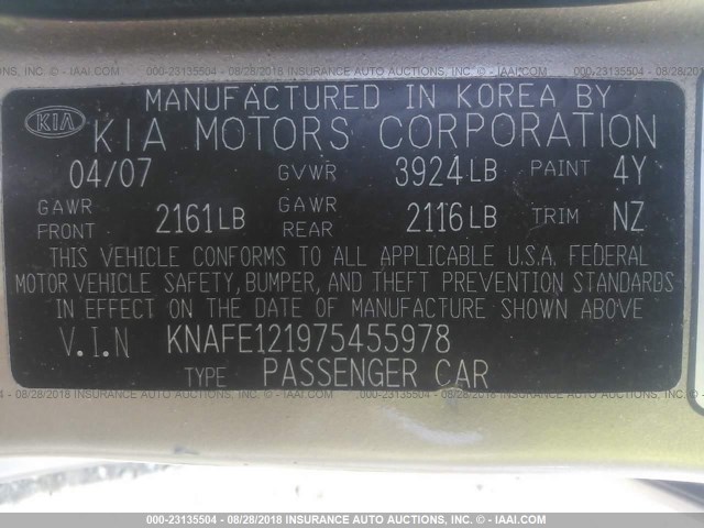 KNAFE121975455978 - 2007 KIA SPECTRA EX/LX TAN photo 9