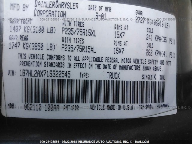 1B7HL2AX71S322545 - 2001 DODGE DAKOTA QUAD GOLD photo 9