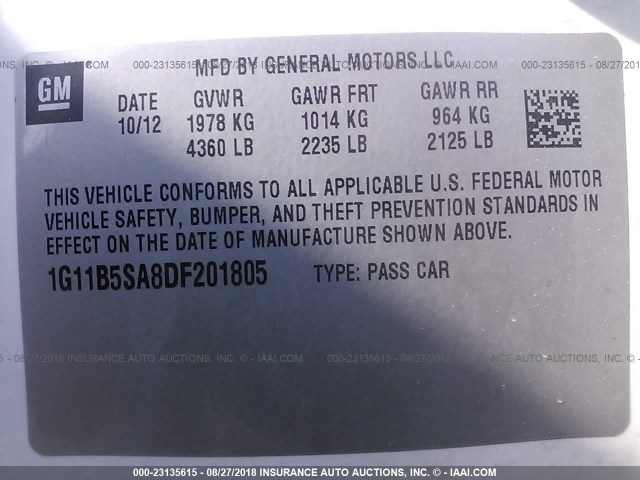 1G11B5SA8DF201805 - 2013 CHEVROLET MALIBU LS თეთრი ფოტო 9