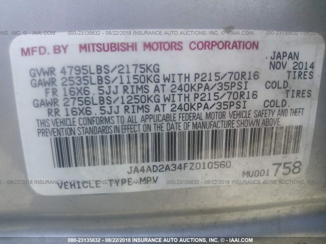 JA4AD2A34FZ010560 - 2015 MITSUBISHI OUTLANDER ES 银色 照片 9