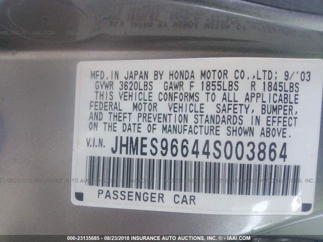 JHMES96644S003864 - 2004 HONDA CIVIC HYBRID GRAY photo 9