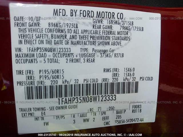 1FAHP35N08W123333 - 2008 FORD FOCUS SE/SEL/SES RED photo 9