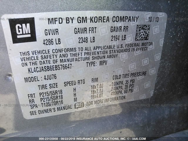 KL4CJASB6EB576647 - 2014 BUICK ENCORE GRAY photo 9