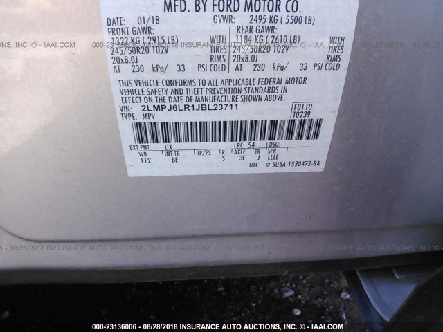 2LMPJ6LR1JBL23711 - 2018 LINCOLN MKX RESERVE Արծաթագույն լուսանկար 9