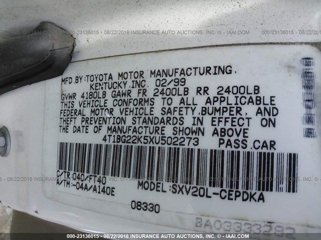 4T1BG22K5XU502273 - 1999 TOYOTA CAMRY CE/LE/XLE 白色 照片 9