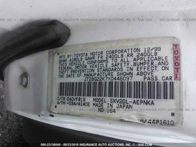 JT2BG22K7Y0446097 - 2000 TOYOTA CAMRY CE/LE/XLE 白色 照片 9