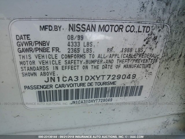 JN1CA31DXYT729049 - 2000 NISSAN MAXIMA GLE/GXE/SE WHITE photo 9