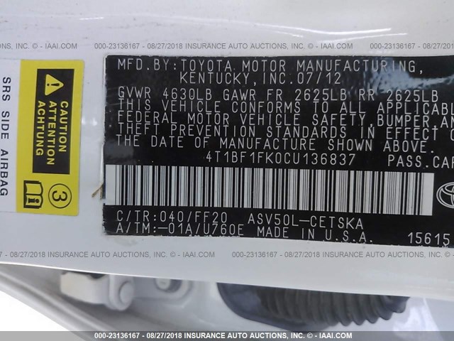 4T1BF1FK0CU136837 - 2012 TOYOTA CAMRY SE/LE/XLE 白色 照片 9