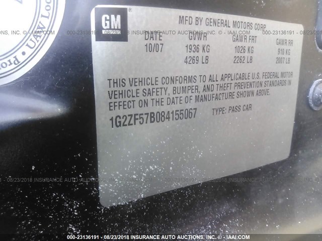 1G2ZF57B084155067 - 2008 PONTIAC G6 VALUE LEADER/BASE BLACK photo 9