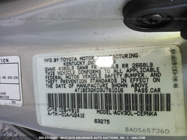 4T1BE32K03U761016 - 2003 TOYOTA CAMRY LE/XLE/SE 银色 照片 9