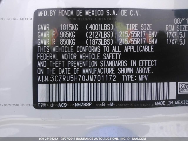 3CZRU5H70JM701172 - 2018 HONDA HR-V EXL WHITE photo 9