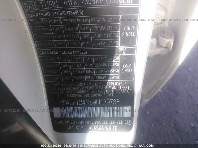 SALFT24N89H139738 - 2009 LAND ROVER LR2 HSE TECHNOLOGY WHITE photo 9