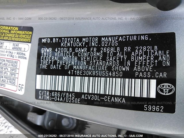 4T1BE30K85U554850 - 2005 TOYOTA CAMRY LE/XLE/SE Сұр фото 9