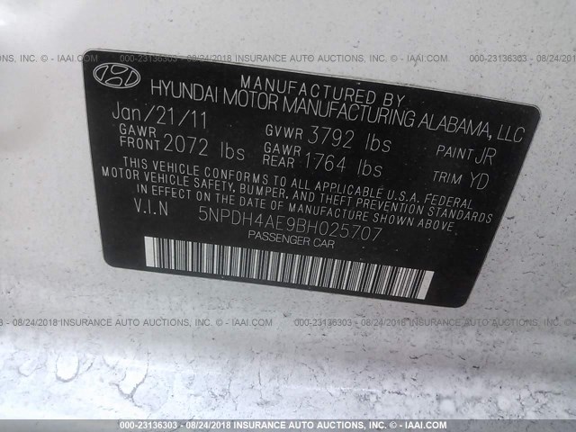 5NPDH4AE9BH025707 - 2011 HYUNDAI ELANTRA GLS/LIMITED WHITE photo 9