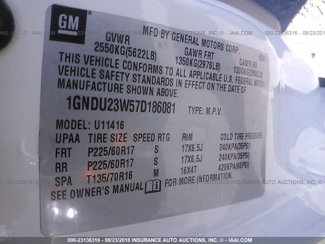 1GNDU23W57D186081 - 2007 CHEVROLET UPLANDER LS WHITE photo 9