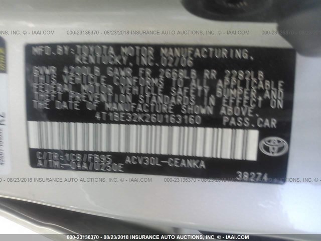 4T1BE32K26U163160 - 2006 TOYOTA CAMRY LE/XLE/SE Gümüş foto 9