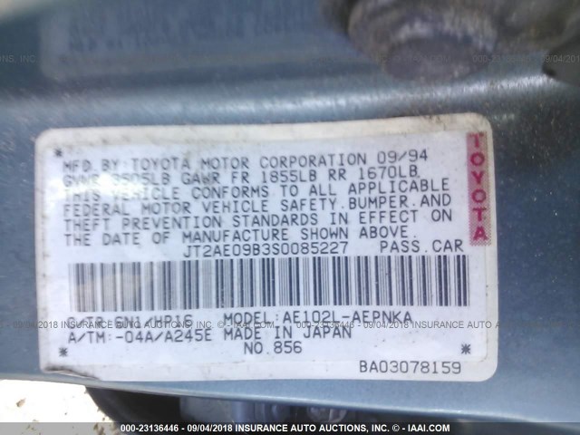 JT2AE09B3S0085227 - 1995 TOYOTA COROLLA LE/DX GRAY photo 9